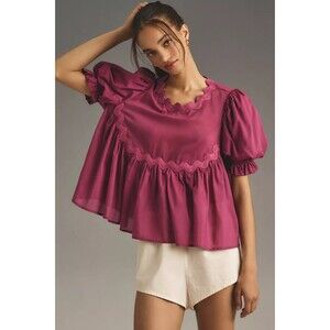Anthropologie Mare Mare Women's Ric Rac Silk Babydoll Top size XXS NWT Plum